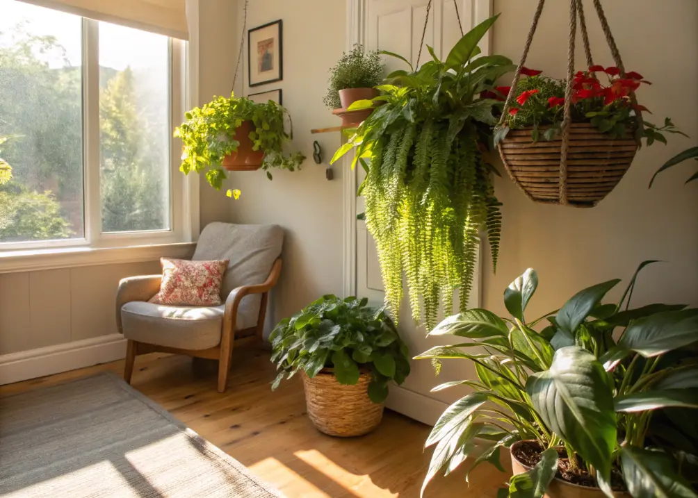  Indoor green corner with houseplants and natural light.