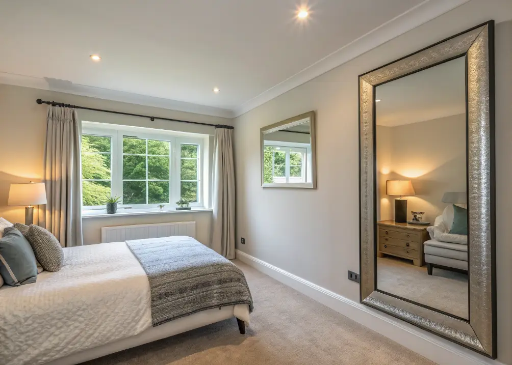 A sleek, large rectangular mirror leaning against a wall opposite a window, reflecting natural light and a bit of greenery outside for a spacious effect.