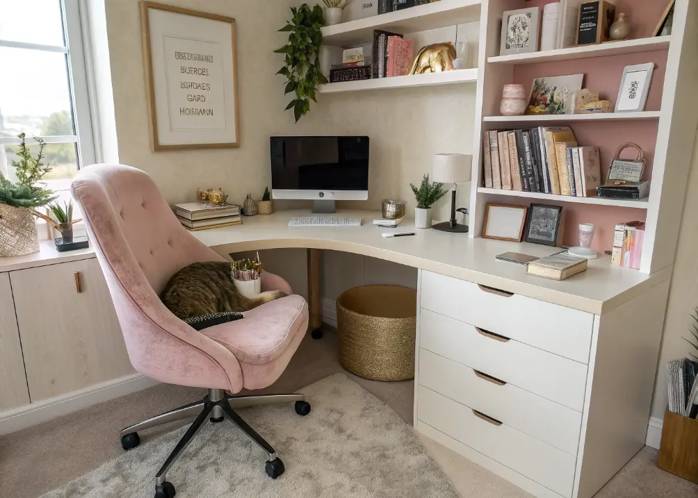 A wide shot of a feminine home office with a curved desk, plush chair, and styled shelves, with Luna napping nearby.