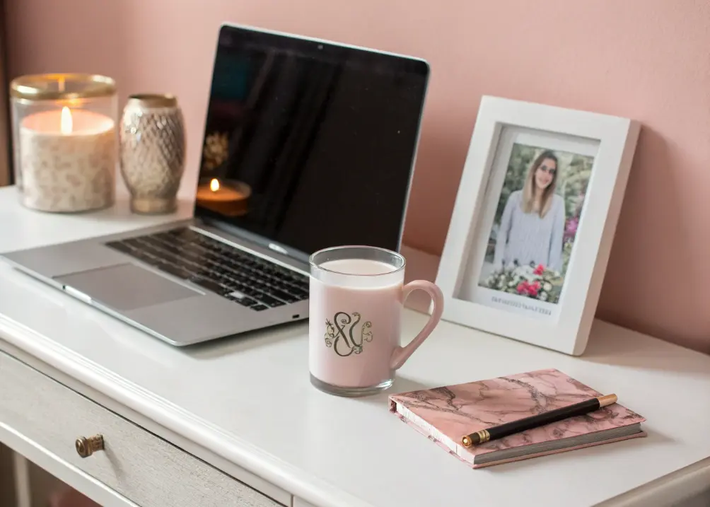 A desk with a small framed photo of a loved one, a scented candle, and a monogrammed mug, set against a soft blush wall.