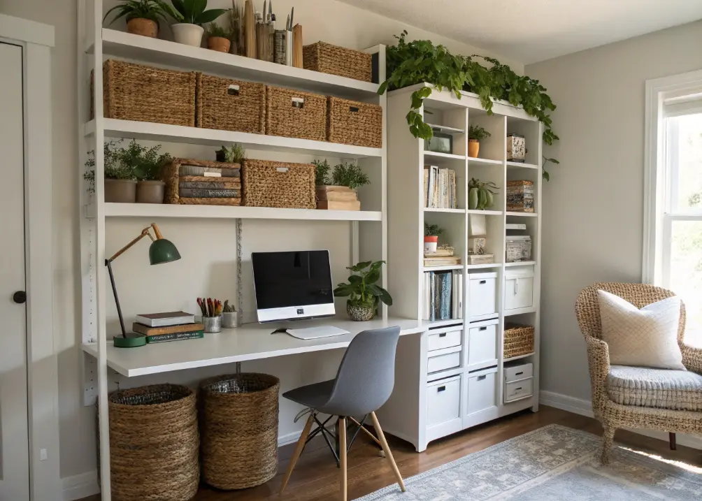 A wide shot of a home office with multiple shelves styled with baskets, plants, and books, with a clean desk below.