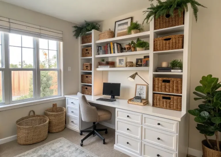 A home office with multiple shelves -feature image