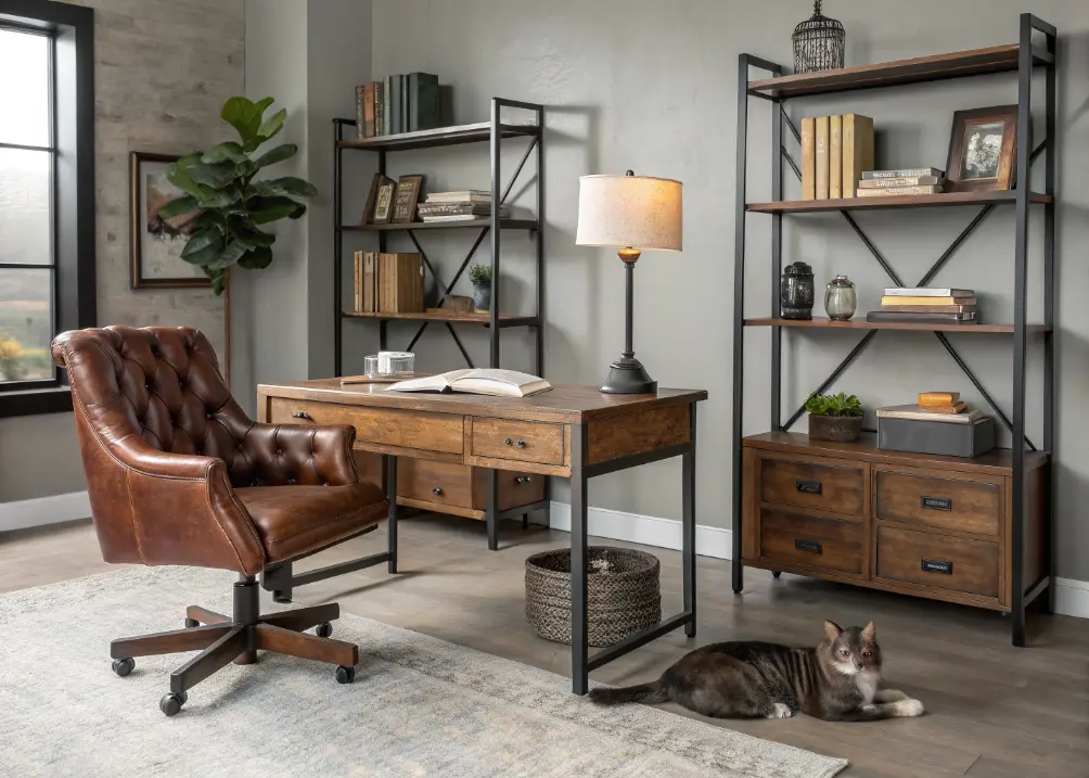A wide shot of a masculine office with a wood desk, leather chair, and industrial shelves
