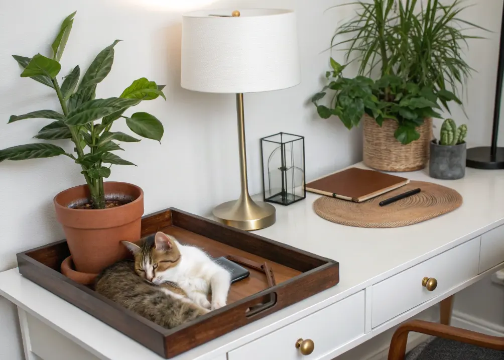 A wide shot of a styled desk with a plant, lamp, and leather tray, Luna napping nearby, against a white wall.