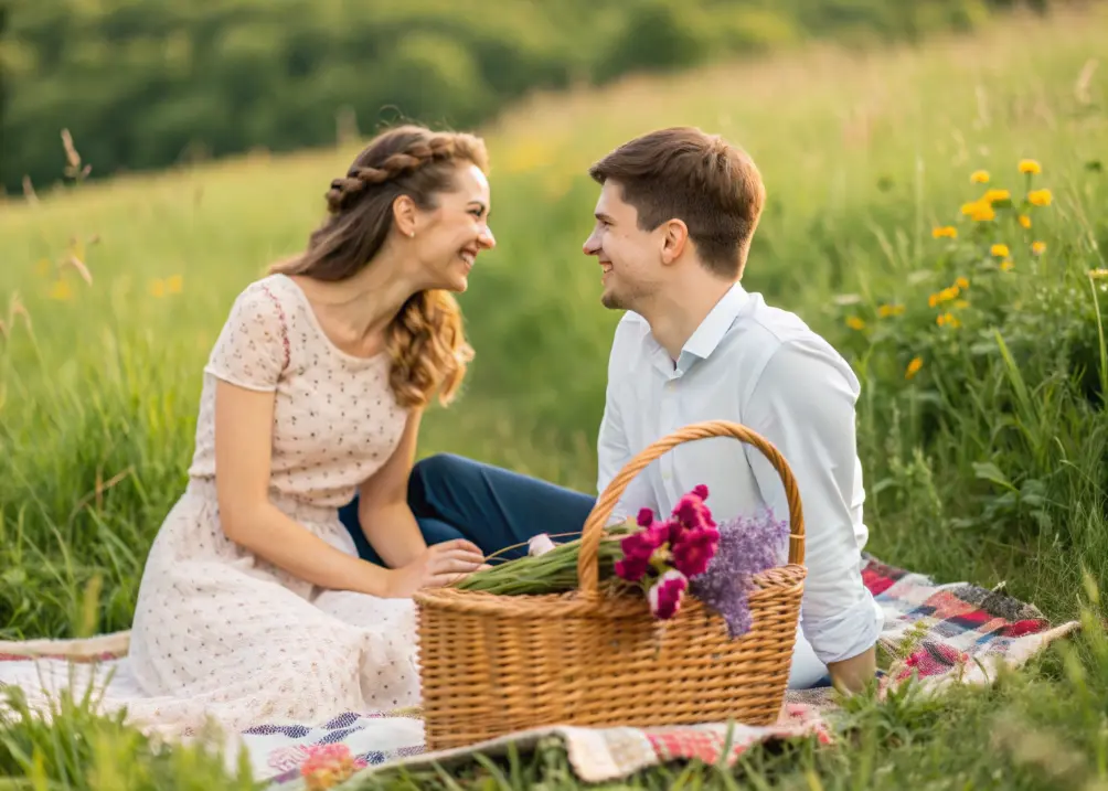 A young couple is sitting on a mat with a picnic basket aside.