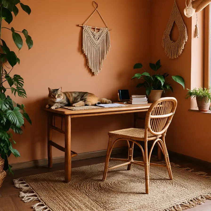  A wide shot of a boho office with a rattan desk, woven rug, and macramé hanging, Luna lounging on a cushion, against a terracotta wall. 