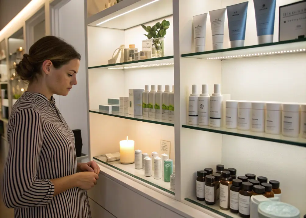 Aesthetic skincare shelf with creams, serums, and candle.