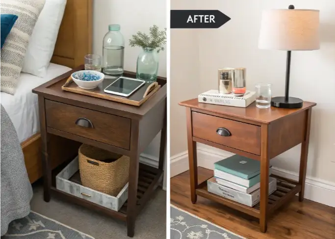Minimal, organized nightstand with tray and lamp to reduce visual clutter.
