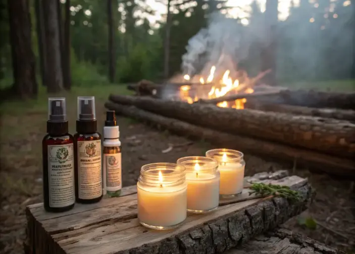 Bug protection essentials like citronella candles and spray for outdoor camping.