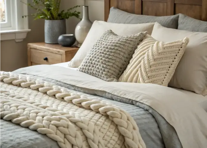 Soft layered bedding with knit throw and linen duvet for a cozy bedroom.