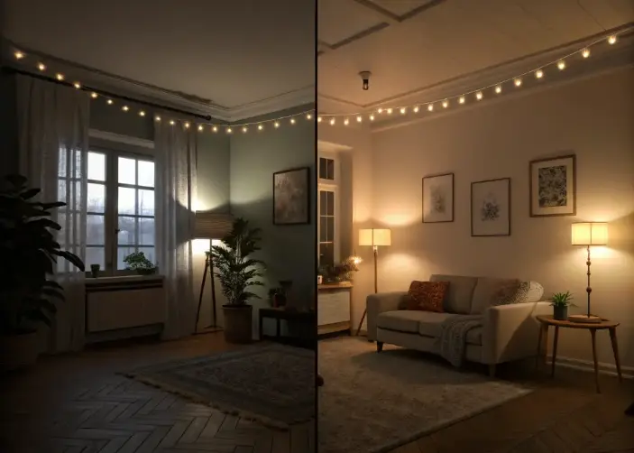 Lighting transformation from dull overhead to cozy layered illumination in a living room.