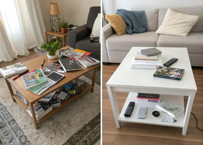  Before and after view of a living room makeover from bland to stylish.