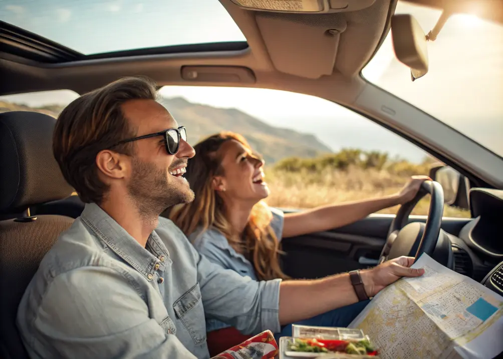 A couple is laughing and they are on a road trip. one is driving and other is holding a map.