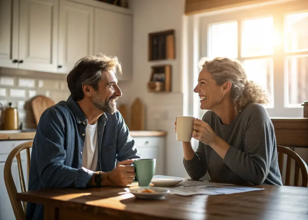 A couple sharing coffee at a kitchen table.