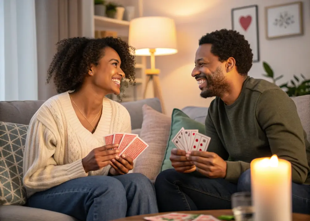 A couple smiling at each other while playing a cads on their date.
