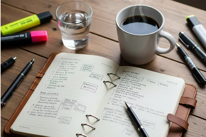 Early morning brain dump routine with journal and coffee to start the day with clarity.