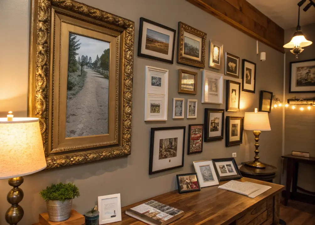 eclectic-small-office-gallery-wall-with-mixed-frames