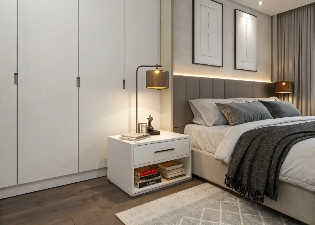 A sleek floating nightstand with a small lamp and book, next to a bed, with a built-in wardrobe along one wall, keeping the floor open.
