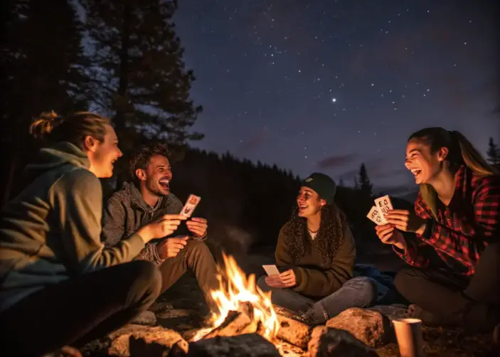 Friends playing games and sharing stories around a campfire at night.