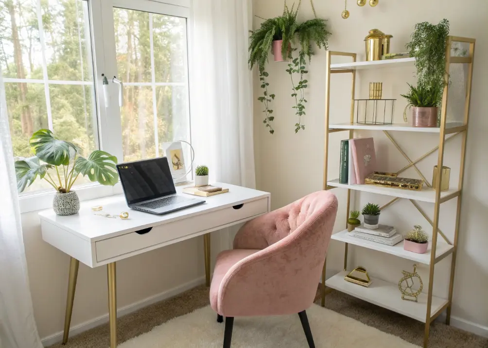 A cozy home office with a sleek white desk, a plush pink chair, and a shelf with greenery and gold accents, bathed in soft natural light.