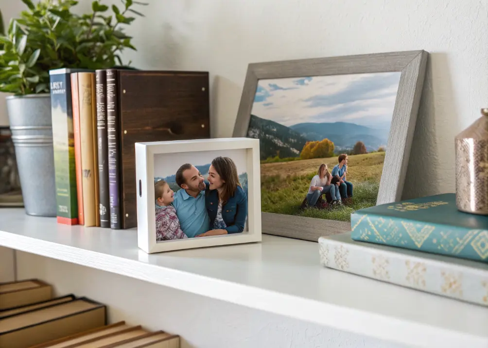 A shelf with a small framed photo of a family moment next to a mini canvas print, leaning against the wall.
