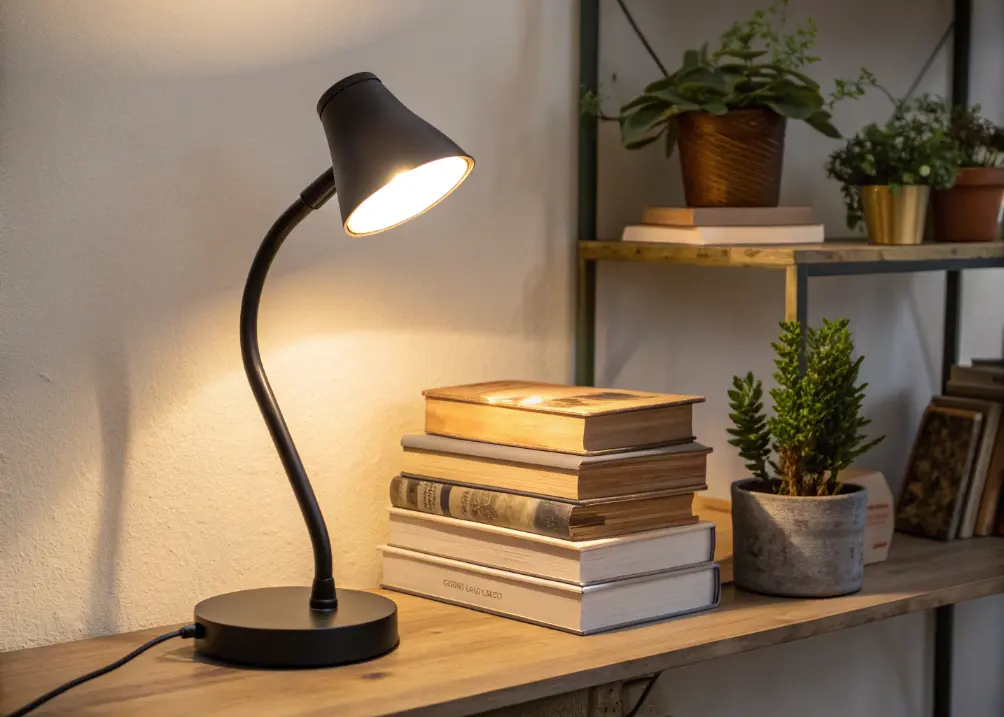 A shelf with a small, modern desk lamp casting a warm glow, paired with a stack of books and a tiny plant.