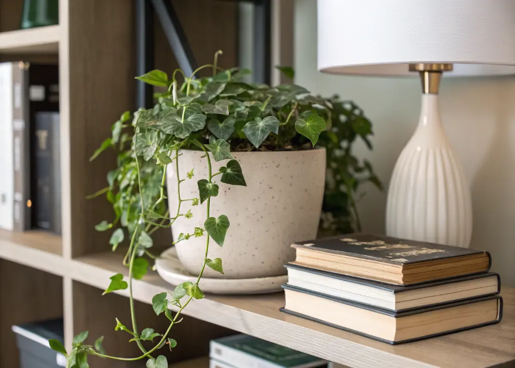 A shelf with a trailing pothos plant in a ceramic pot, next to a stack of books and a sleek lamp.