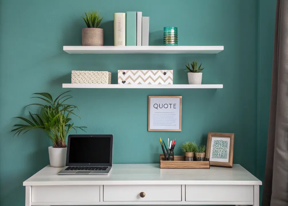 A sleek floating shelf above a desk, styled with a small potted plant, a chic organizer