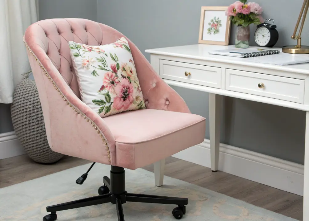 A velvet blush-pink office chair with a cushioned seat, paired with a white desk and a floral throw pillow, set against a soft gray wall.