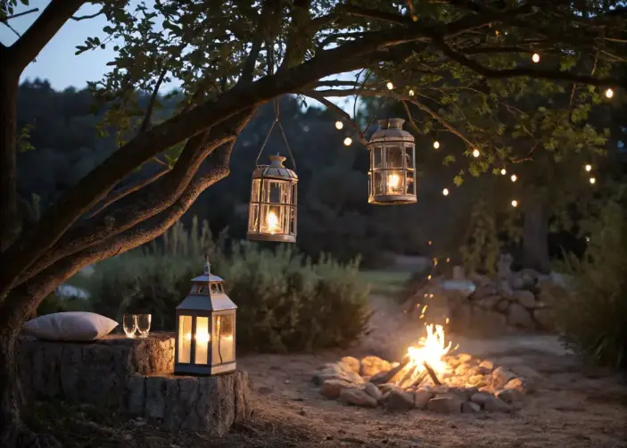 Lanterns and soft lights creating a cozy campfire atmosphere outdoors.