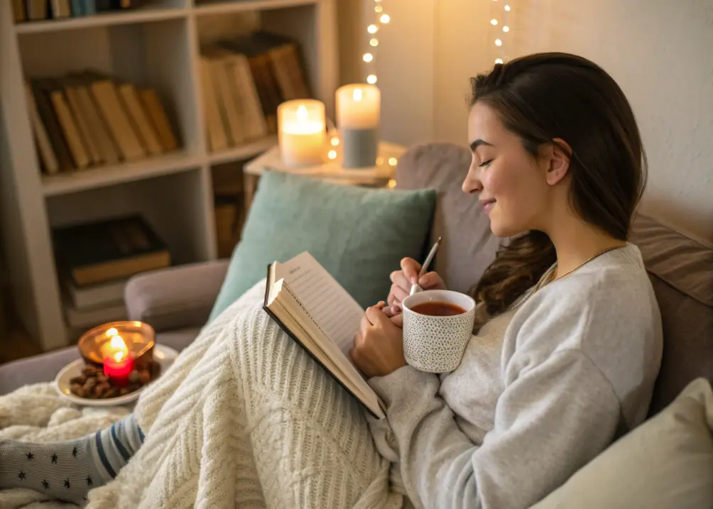 Person journaling with tea and candle lit nearby.