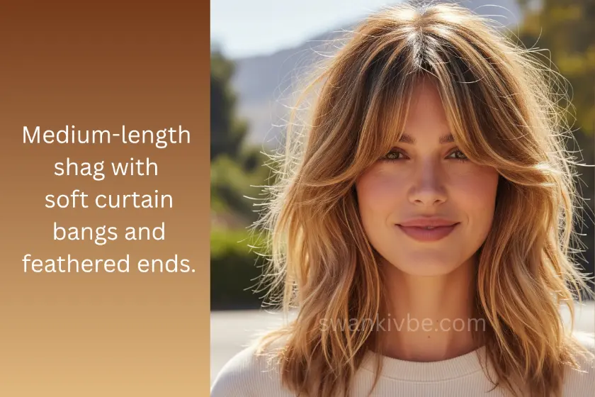 Medium shag haircut with layered waves and curtain bangs on thin hair.