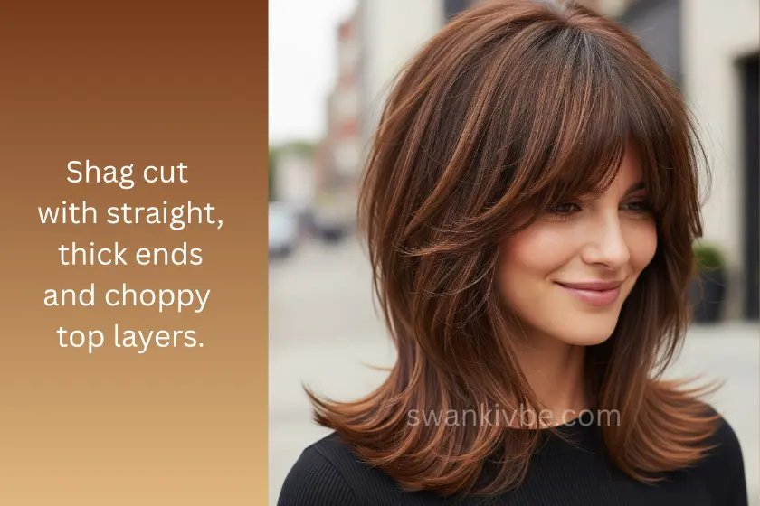 Shag haircut with blunt ends and textured crown for thin hair.