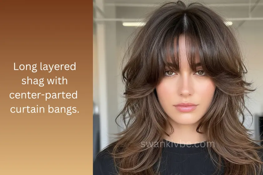 Alt Text: Long shag haircut with curtain bangs for added fullness.