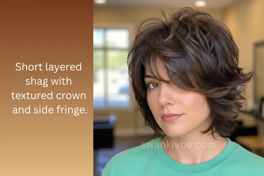 Cropped shag haircut with short layers and volume at the top.