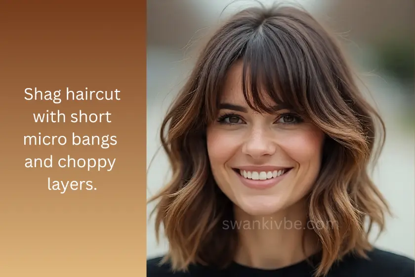  Thin hair styled with micro bangs and a layered shag cut.