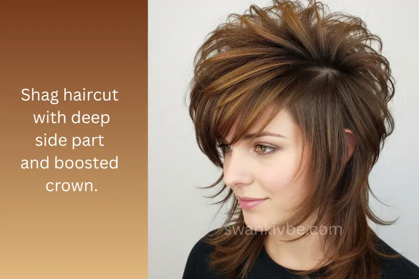 Thin hair styled with deep part and shag layers for added lift.