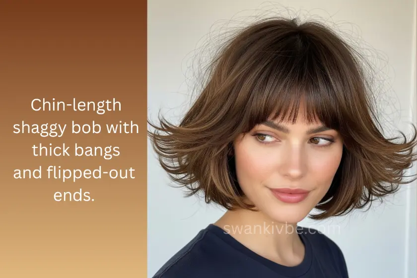 Chin-length bob with shaggy texture to enhance thin hair.