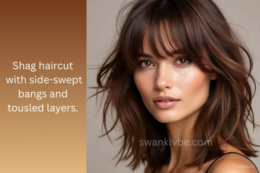 Shaggy cut with side bangs to frame the face and boost fullness.