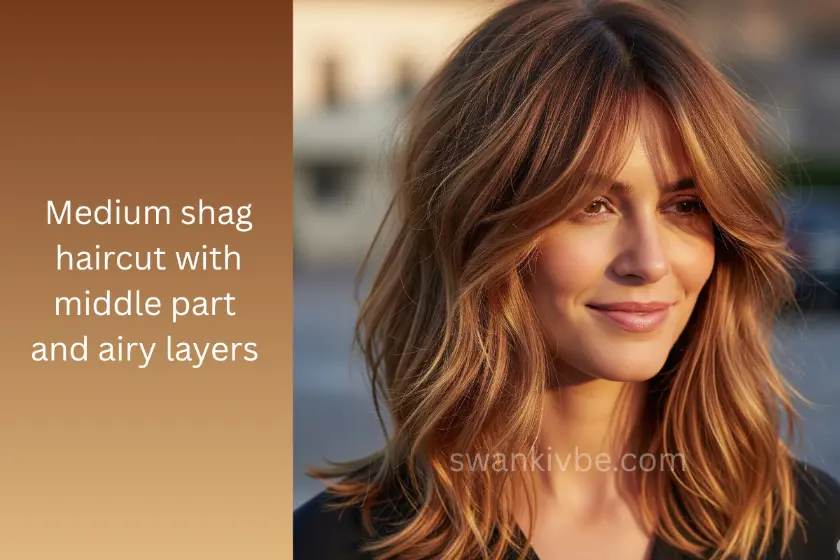 Shag cut with middle part and layered volume for thin hair.