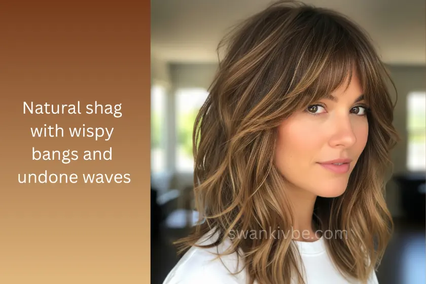  Undone shag hairstyle with fringe for volume and casual texture.