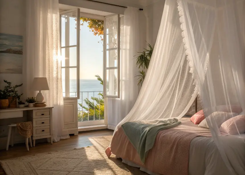Bright bedroom with sheer curtains allowing natural light