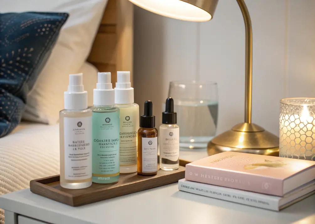 Skincare bottles beside bed for nighttime ritual.