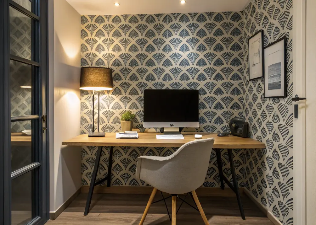 small office accent wall with bold peel and stick