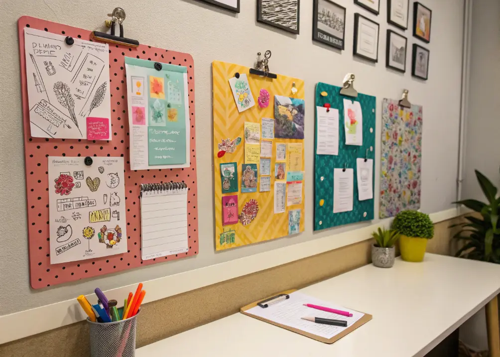 small office desk wall with multiple boards for changeable art