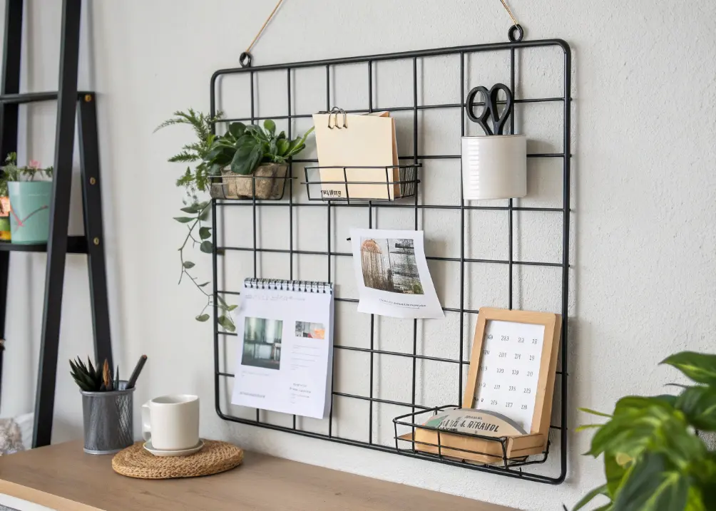 small office wall with black metal minimalist grid