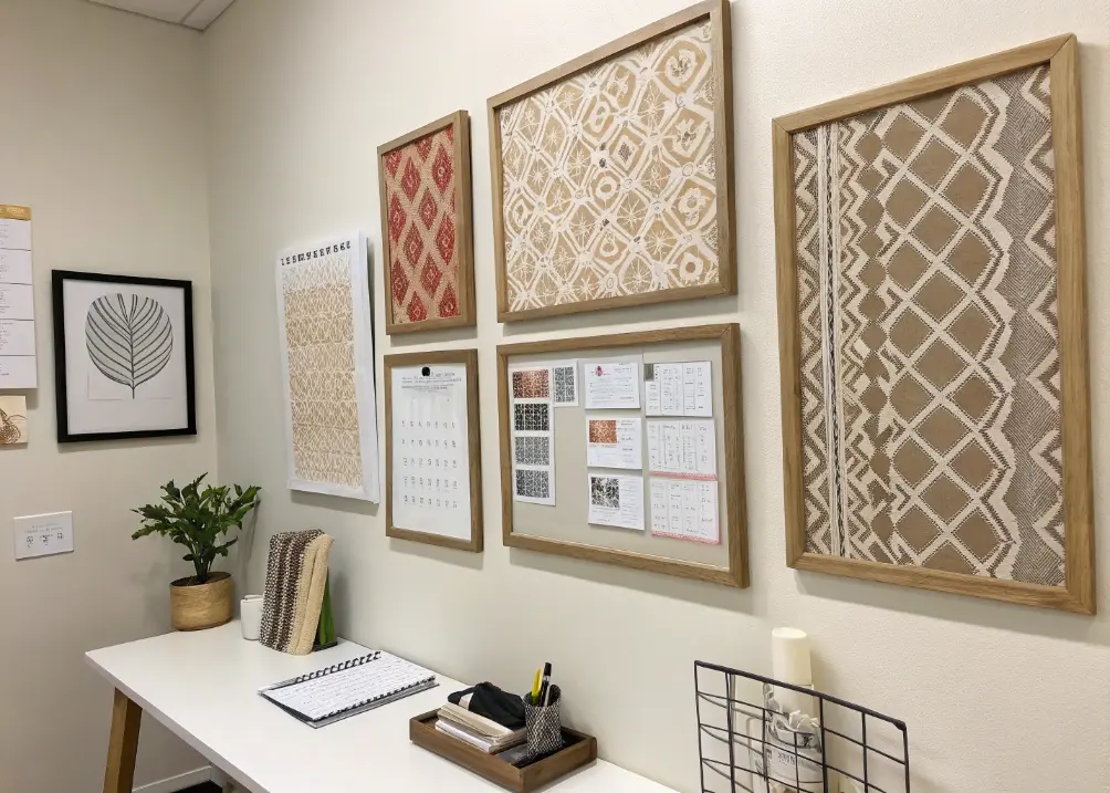 small office wall with framed fabric or textile