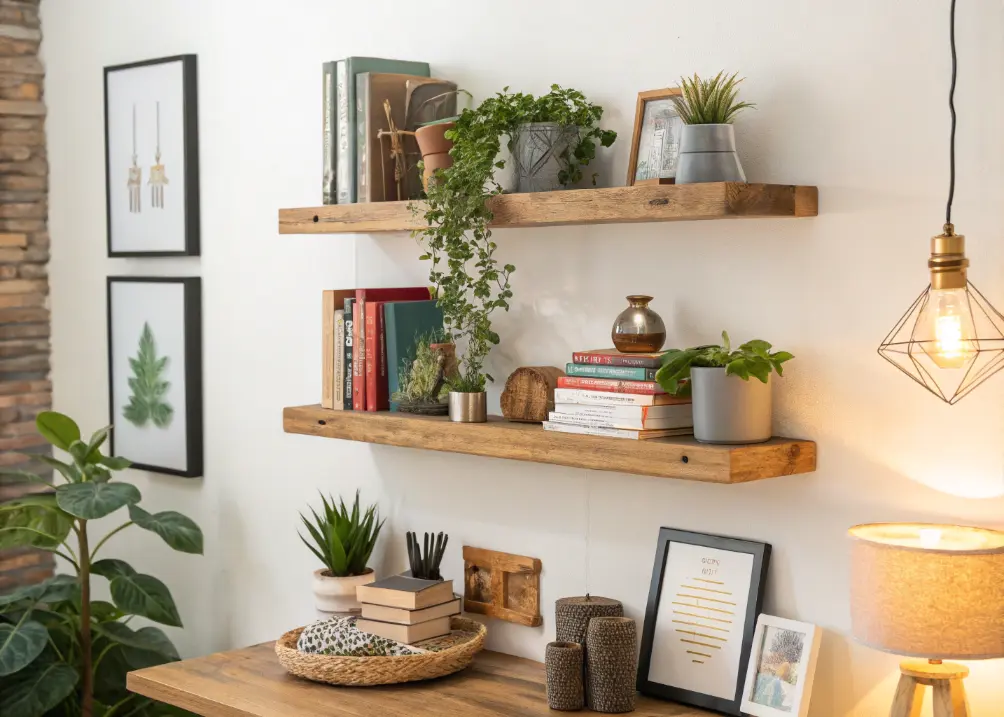 small-office-wall-with-stylish-floating-wooden-shelves