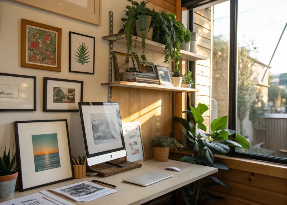 small office with art ledge shelf holding framed