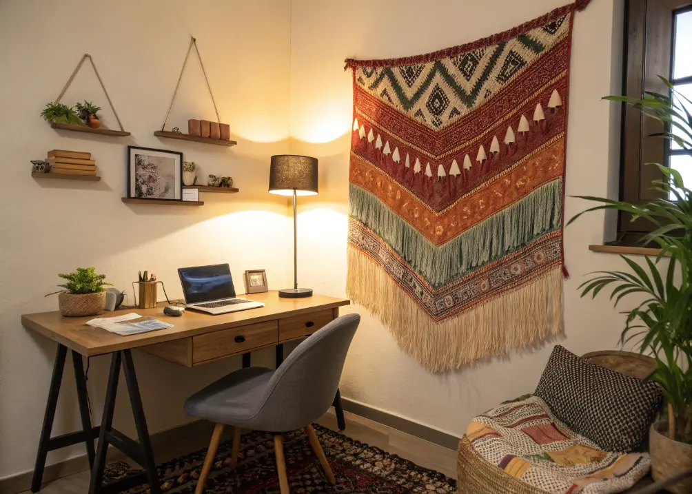 small office with bohemian layered wall tapestry